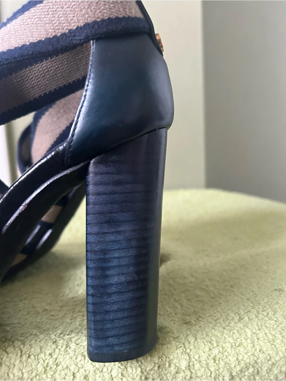 Tory Burch Navy and Beige Striped Block Heel Sandal